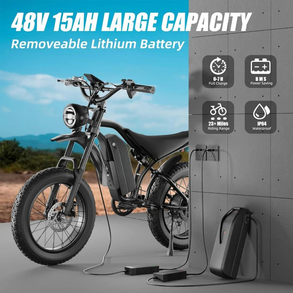 Fat Tire Electric Bike - 1200W, Dual Suspension, 7 Speeds
