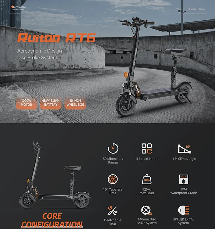 RT6 1000W Electric Scooter - 48V, 40-50km Range