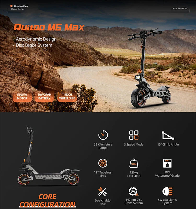 M6 Max Dual Motor Scooter - 5600W, 60V, Fast Charging