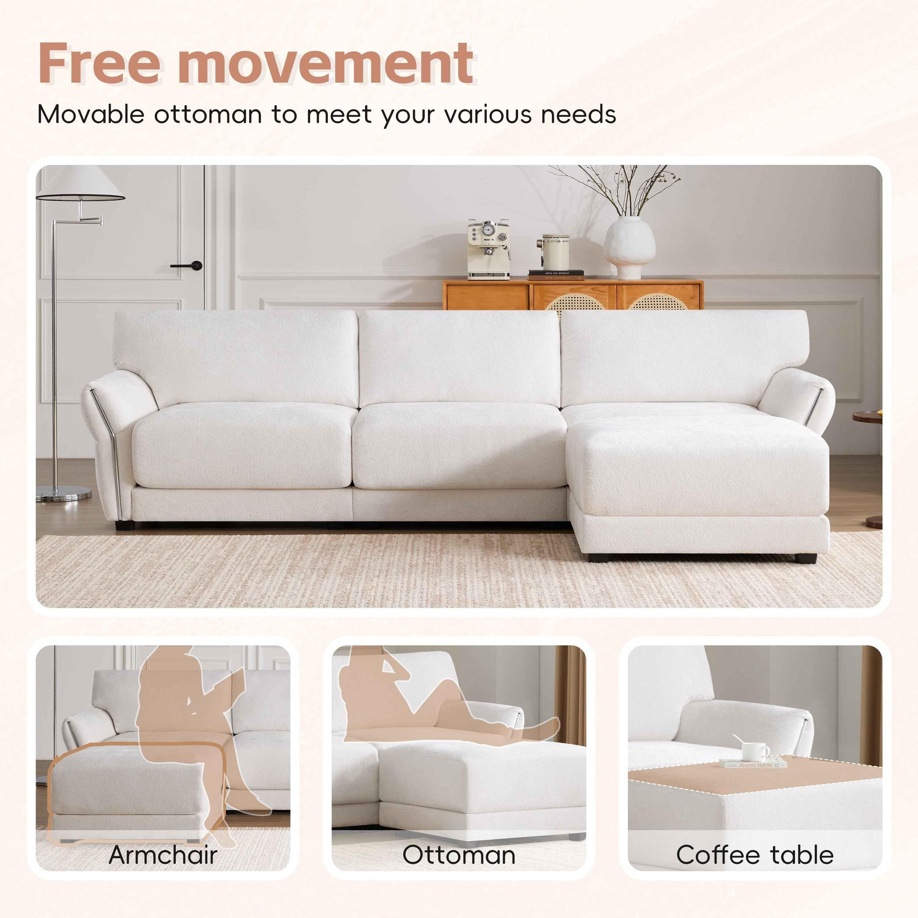 110' Modular Sectional Sofa, L-Shape with Extra-Wide Seat Cushion, USB